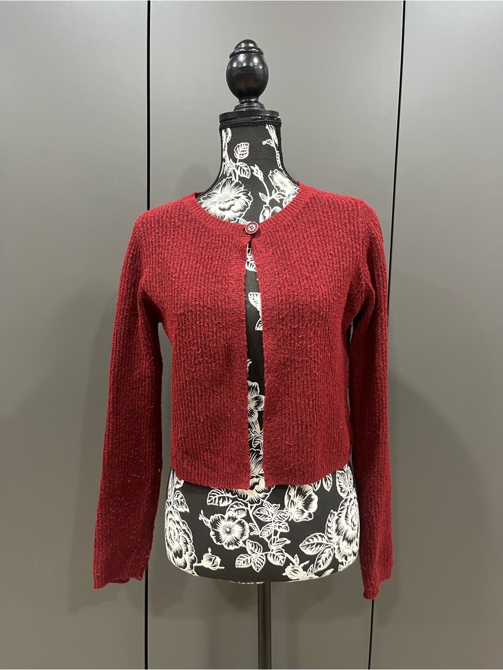 Burgundy one button fuzzy cardigan